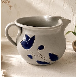 Vintage Williamsburg Stoneware Creamer Blue Tulip Colonial Pottery Mini Pitcher Folk Art 5"