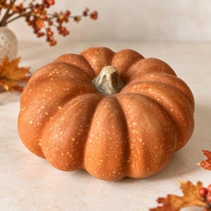 May include: A round, orange pumpkin with a textured surface and light-colored speckles. The pumpkin features deep vertical ridges and a central, grayish-brown stem. The exterior has a matte finish with subtle variations in color tone.