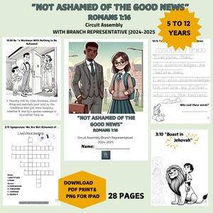 Puede incluir: Un libro de actividades imprimible colorido para niños de 5 a 12 años. La portada presenta una ilustración de dibujos animados de dos niños caminando por la calle. El título del libro es "Not Ashamed of the Good News" con la referencia bíblica Romanos 1:16. El libro es para una Asamblea de Circuito con Representante de Sucursal y tiene 28 páginas.