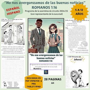 Peut inclure: Une illustration colorée d'un programme pour une assemblée de Témoins de Jéhovah en espagnol. Le programme est destiné aux enfants de 5 à 12 ans et présente un dessin animé de deux enfants, un garçon et une fille, debout ensemble. Le texte du programme indique "No nos avergonzamos de las buenas noticias", ce qui se traduit par "Nous n'avons pas honte de la bonne nouvelle." Le programme est destiné au circuit d'assemblées 2024/2025 et comprend un espace pour le nom du représentant du bureau de la filiale.