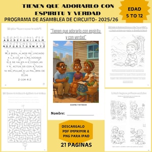 Op de afbeelding: Een Spaanstalig assembleerboek met de titel "Tienen que adorarlo con espíritu y con verdad." Het boek bevat illustraties, tekst en een doolhof. De aanbevolen leeftijd is 5 tot 12 jaar.