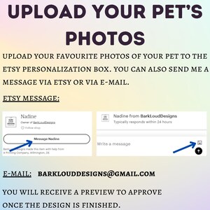 Op de afbeelding: Afbeelding met tekst: "UPLOAD YOUR PET'S PHOTOS." Instructies voor het uploaden van foto's van uw huisdier naar de Etsy personalisatiebox, of stuur een bericht via Etsy of e-mail. Bevat Etsy-berichtdetails en e-mailadres: BARKLOUDDESIGNS@GMAIL.COM.