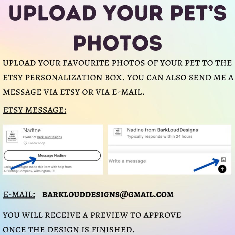 Op de afbeelding: Afbeelding met tekst: "UPLOAD YOUR PET'S PHOTOS." Instructies voor het uploaden van foto's van uw huisdier naar de Etsy personalisatiebox, of stuur een bericht via Etsy of e-mail. Bevat Etsy-berichtdetails en e-mailadres: BARKLOUDDESIGNS@GMAIL.COM.