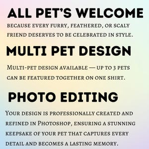 Op de afbeelding: Tekst op een verloopachtergrond met de tekst "ALL PET'S WELCOME" en "MULTI PET DESIGN". De tekst legt uit dat ontwerpen tot 3 huisdieren kunnen bevatten en professioneel worden bewerkt in Photoshop.
