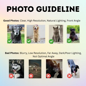 Op de afbeelding: Afbeelding met de titel "FOTORICHTLIJN" met voorbeelden van goede en slechte foto's. Goede foto's zijn helder, hoge resolutie, met natuurlijke belichting en een frontale hoek. Slechte foto's zijn wazig, lage resolutie, ver weg, donker of in een slechte hoek.