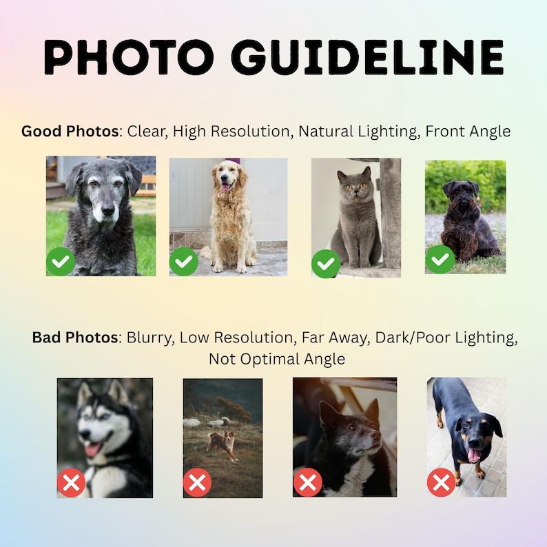 Op de afbeelding: Afbeelding met de titel "FOTORICHTLIJN" met voorbeelden van goede en slechte foto's. Goede foto's zijn helder, hoge resolutie, met natuurlijke belichting en een frontale hoek. Slechte foto's zijn wazig, lage resolutie, ver weg, donker of in een slechte hoek.