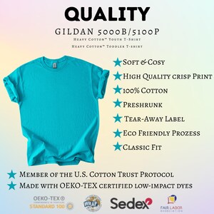 Op de afbeelding: Een turquoise Gildan 5000B/5100P zwaar katoenen t-shirt. De afbeelding bevat de tekst "Kwaliteit", "Zacht & Cosy", "Hoge kwaliteit scherpe print", "100% Katoen", "Voorgekrompen", "Klassieke pasvorm".