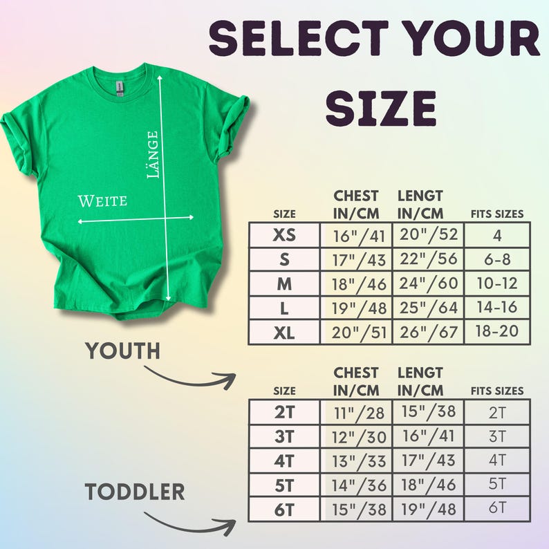 Op de afbeelding: Een felgroen t-shirt met maattabellen voor jeugd en peuters. De tabellen tonen borst- en lengtematen in centimeters, samen met bijbehorende maten. De tekst "SELECT YOUR SIZE" staat bovenaan.
