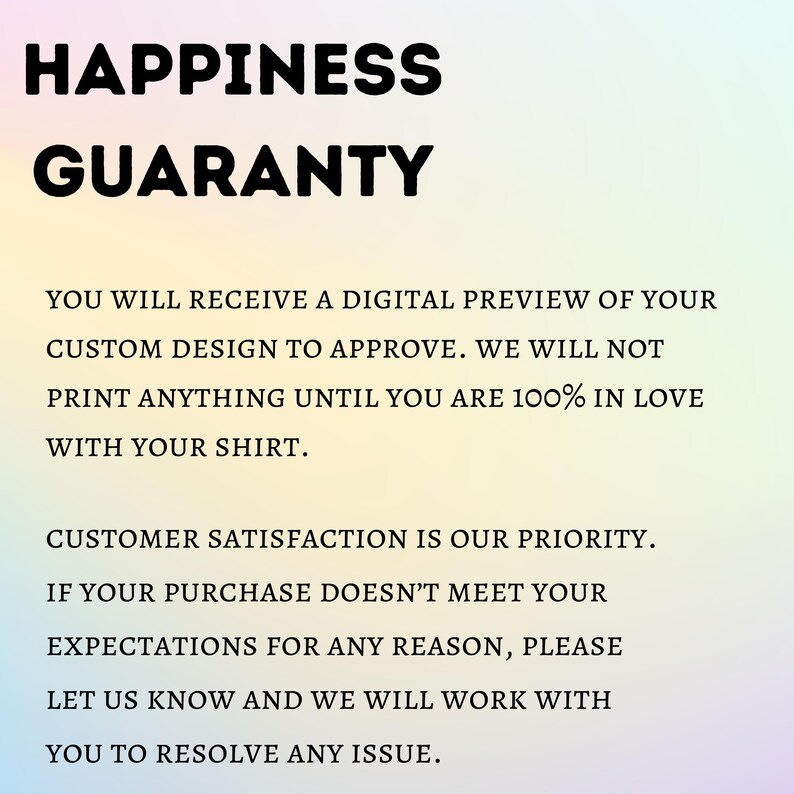 Op de afbeelding: Tekst op een verloopachtergrond met de tekst "HAPPINESS GUARANTY". Extra tekst vermeldt dat een digitale preview wordt verstrekt, er niets wordt afgedrukt totdat 100% tevredenheid is bereikt en klanttevredenheid prioriteit heeft.