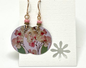 Repurposed tin earrings, pink roses