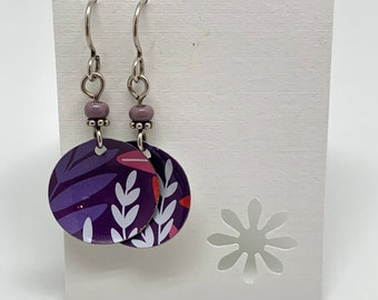 Repurposed candle tin earrings, floral, purple