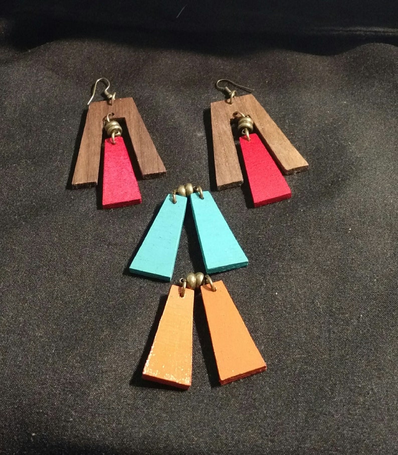 3 in 1 comfortable earrings- mPER413 and red wooden earrings blue handpainted everyday homemade festival earrings Interchangeable orange