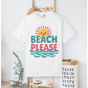 Camiseta "Playa, por favor" / Camiseta con lindas vibraciones de verano / Camiseta con letras de burbujas pastel / Camiseta divertida de vacaciones para chicas adolescentes / Gráfico de íconos de playa