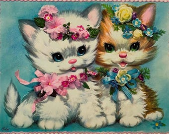 Vintage Coby Kitten Cat Flowers Flower Crown Thinking Of You Get Well Soon Greeting Card