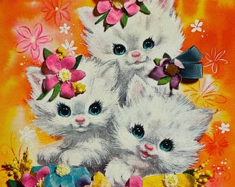Vintage White Kitten Cat Flowers Purrfect Recovery Thinking Of You Get Well Soon Unused Greeting Card
