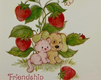 Vintage 1980s American Greetings Strawberry Shortcake Kitten Cat Puppy Dog Friendship Is For Sharing Blank Holiday Greeting Card