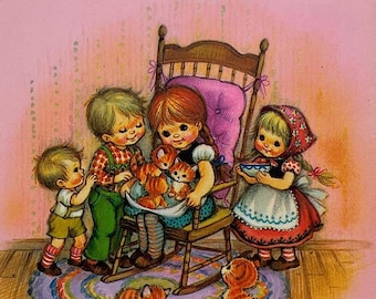 Vintage The Coronation Collection Children With Kitten Cat Get Well Note Get Well Soon Greeting Card