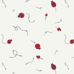 May include: A white background with a repeating pattern of red ladybugs with black spots. The ladybugs are flying with a blue dashed line trailing behind them.
