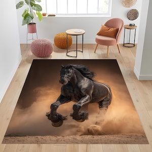 Wild Black Stallion Rug – Galloping Horse Area Carpet – Majestic Animal Print Rug for Living Room or Bedroom – Realistic Horse Decor Gift