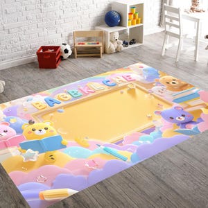 Alfombra colorida con letras de oso – Alfombra de aprendizaje para habitación infantil – Alfombra de juegos con animales de dibujos animados en tonos pastel