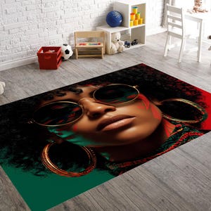 Afro Woman Rug, Bold Black Girl Carpet, African American Art Floor Mat, Stylish Portrait Area Rug, Boho Chic Living Room Decor RUGS