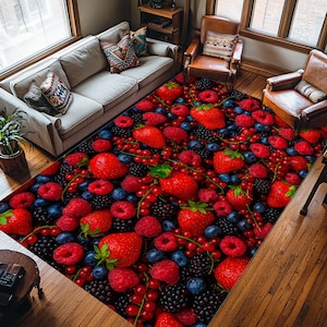 Colorful Berry Fruit Rug – Strawberry Blueberry Raspberry Carpet – Kids Playroom Mat, Fun Food Print Area Rug
