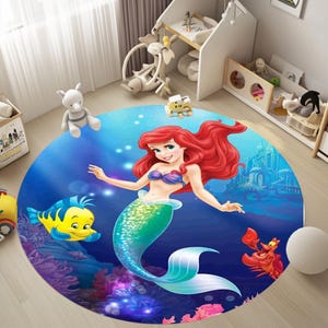 Mermaid Round Rug for Kids – Under the Sea Carpet with Fish & Princess – Ocean Theme Playroom  RUGS