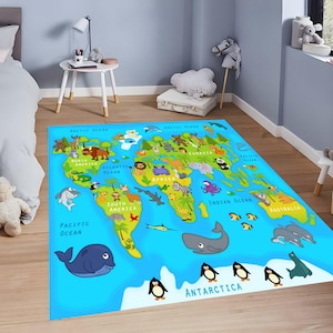 Teppich mit der Weltkarte der Tiere, Interaktive Lernweltkarte, Teppich für Kinderzimmer, Wohndekor, Spielteppich