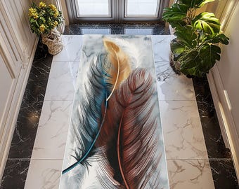 Feather Runner Rug: Boho Art, Soft Velvet, Non-Slip
