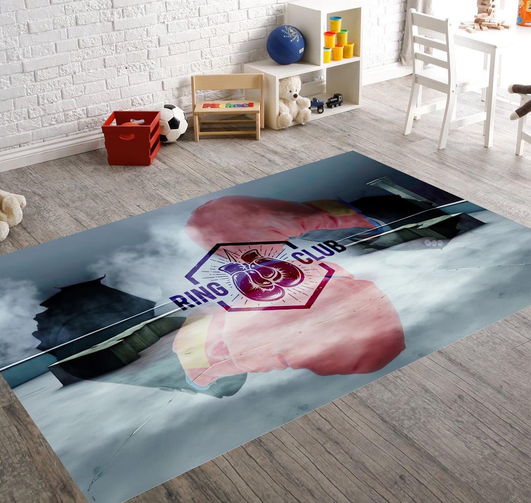 Kids Boxing Gloves Rug, Playroom Fighter Mat, Boy Sports Room Carpet ...