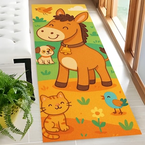 Alfombra de corredor con burro, linda alfombra de animales, gato, perro y pájaros RGS, alfombras coloridas para decoración de guardería, alfombras para dormitorio infantil, alfombra colorida de corredor con animales de granja