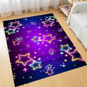 Neon Star Rug for Kids Room, Colorful Galaxy Theme Carpet, Vibrant Starry Playroom Mat, Glowing Night Sky Decor rugs