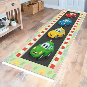 Alfombra de corredor con dibujos de coches de colores para habitación infantil, bonita alfombra de pista de carreras, divertida alfombra de carretera para niños pequeños, decoración de pasillo de guardería.