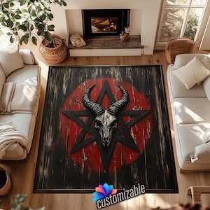 Gothic Baphomet Ziegenschädel Teppich, Pentagramm Schwarz Roter Teppich, Okkulter Teppich, Heavy Metal Decor - Anpassbarer Teppich
