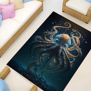 Tapis pieuvre, tapis décoratif pieuvre, tapis monde sous-marin, tapis pieuvre bleu, tapis pieuvre, tapis de mer, tapis océan, tapis animaux, tapis déco animal