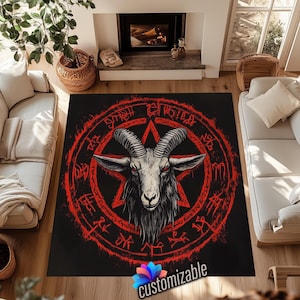 Okkulter Ziegenkopf Teppich, Roter Pentagramm Baphomet Teppich, Schwarzer Hexenteppich, Heavy Metal Decor - Anpassbarer Bodenteppich