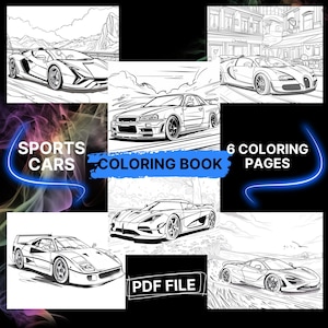 Sports Cars Coloring Book – 6 Stunning Supercar Pages for Kids, Teens, and Adults – Printable PDF, Instant Download