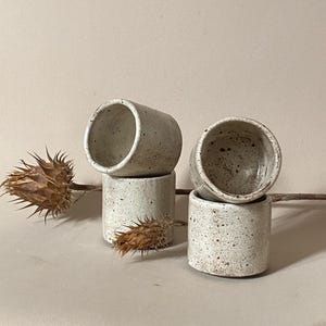 Może przedstawiać: Cztery małe, nakrapiane ceramiczne kubki w neutralnej palecie kolorów. Kubki są cylindryczne z lekko rozszerzonym brzegiem. Suszony oset dodaje naturalnego elementu. Kubki są ułożone parami.