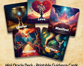 May include: A collection of five oracle cards with various illustrations. The cards feature images of a chalice, a heart-shaped tree, a mountain landscape, a pathway, and hands holding a bird and a plant. The cards have text labels: Chalice, Love, Manifest, Pathway, and Nurture.