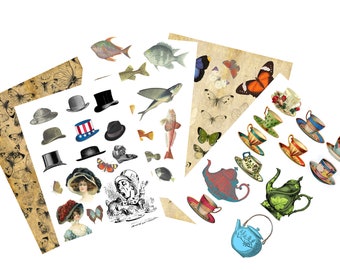 May include: A collection of vintage-style paper ephemera featuring various illustrations including butterflies, fish, assorted hats, teacups, teapots, and figures. The set includes patterned paper sheets and individual cutouts with detailed graphics.