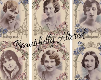 May include: A collage of six vintage-style portraits of women framed in ornate, floral-embellished borders with blue flowers. The text Beautifully Altered is overlaid in black script. Names Enid Stamp Taylor, Joyce Barbour, Doreen Farnham, Madge Compton, Kathleen Amami, and Julie Seudo are printed below each portrait.
