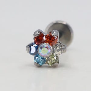 Titanium ASTM F136 (in329) Rainbow zirconia flower Internally Threaded Attachment 1mm-1.6mm (18ga-14ga)  Conch, Helix, Cartilage, Tragus