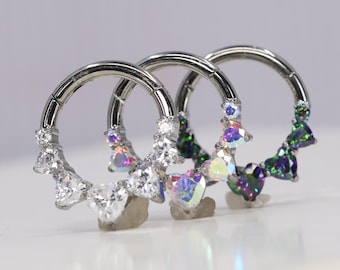 Titanium ASTM F136 (cl09) Heart Zirconia clicker hinged hoop 1.2mm (16ga) Suitable for Daith, Helix, Cartilage, Septum, Rook, Lobe