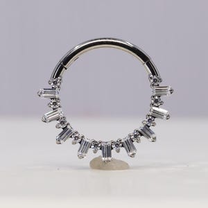 Titanium ASTM F136 (cl13) Baguette Zirconia,  Ice Crystal Clicker hinged hoop 1.2mm (16ga) Daith, Helix, Cartilage, Septum, Rook, Lobe
