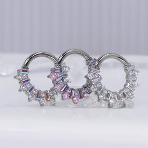 Titanium ASTM F136 (cl162) Multi Zirconia Baguette Clicker, hinged hoop 1.2mm (16ga) Conch, Cartilage, Septum, Helix, Lobe, Rook