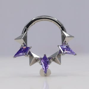 Titanium ASTM F136 (cl138) Purple Zirconia and Triangles clicker hinged hoop 1.2mm (16ga)  Daith, Helix, Cartilage, Septum, Rook, Lobe