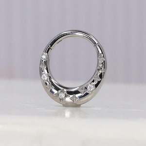 Titanium ASTM F136 (cl26) Zirconia set clicker hinged hoop 1.2mm (16ga) Suitable for Conch, Helix, Cartilage, Tragus, Flat, Lobe, daith