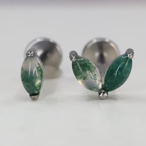Titanium ASTM F136(in168) Marquise Moss Agate Internally Threaded 1mm-1.6mm (18ga-14ga) Suitable Conch, Helix, Cartilage, Tragus, Flat, Lobe