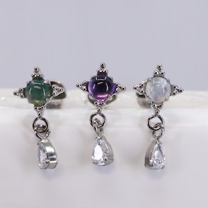 Titanium ASTM F136 (in355) Natural Stone and Zirconia Square Threaded 1mm-1.6mm (18ga-14ga) Suitable Conch, Helix, Cartilage, Tragus, Lobe