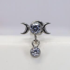 Titanium ASTM F136 (in139) Zirconia Moon, Triple Moon, Moon Goddess Internally Threaded 1mm-1.6mm (18ga-14ga) Conch, Helix, Cartilage, Lobe